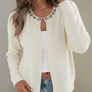 Banana Republic Cream Wool Blend Embellished Neckline Open Front Cardigan XS